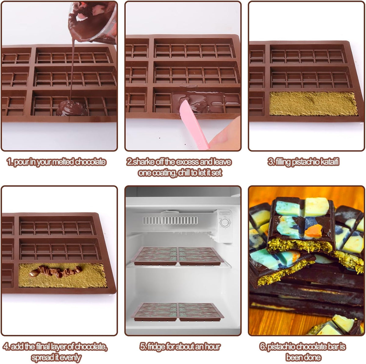 Mity Rain Chocolate Bar Mold Deep, Silicone Thick Mold for Stuffed Bars, Rectangle Knafeh Pistachio Break Apart Candy Molds With 100pcs Storage Bags