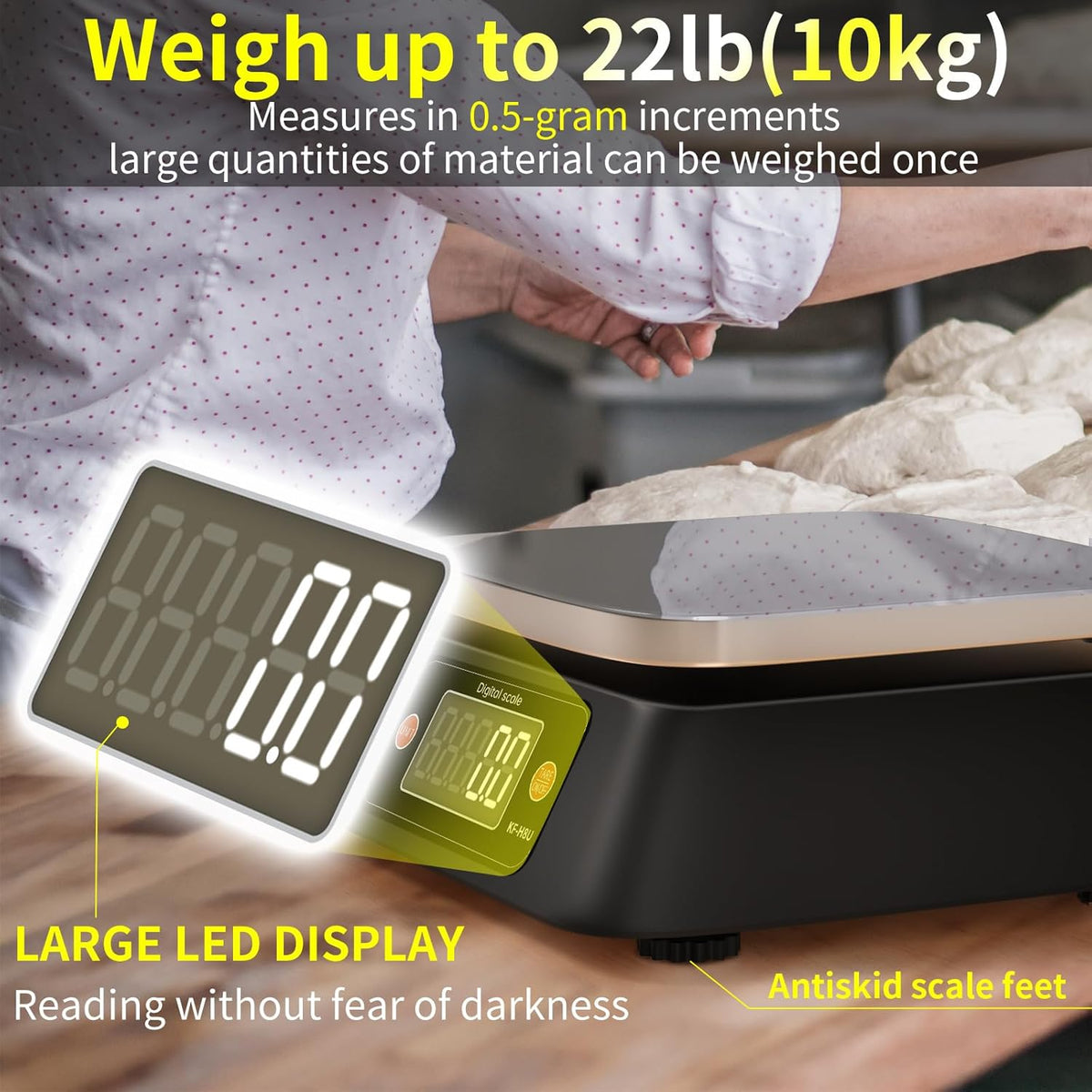 Kitchen Scales Digital Weight Grams and Ounces, YONCON KF-H8U Food Scale for Bakers, Candle and Soap Making, Baking Scale with Stainless Steel Large Platform, 22lb, 3*AA Batteries and AC Power Adapter