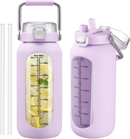 Kytffu 64 oz Glass Water Bottle with Straw and Stainless Steel Handle, Half Gallon Water Bottle with Silicone Sleeve and Time Marker, 2L Large Glass Bottle for Gym, School, Travel, Leak-proof (Purple)