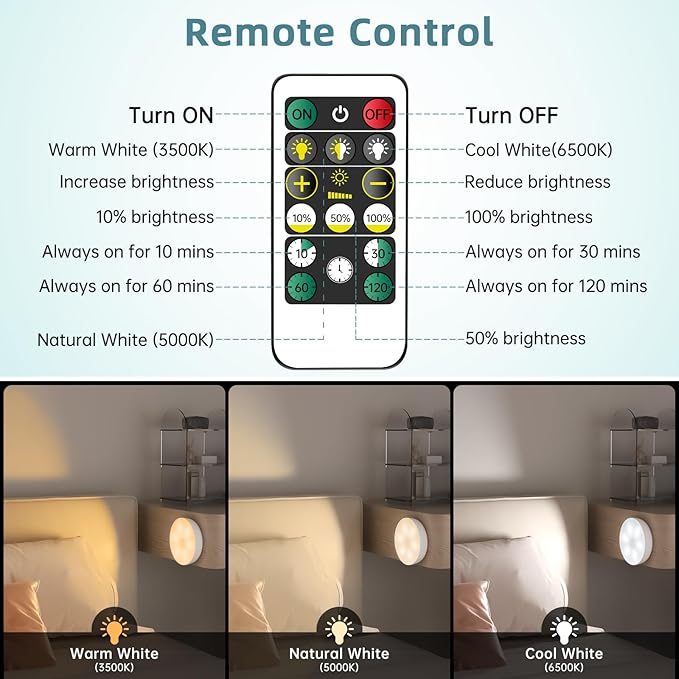 Wireless Motion Sensor Puck Step Lights with Charging Station, 3 Colors USB Rechargeable LED Closet Light with Remote, Dimmable Under Cabinet Lighting with Remote Control, Stick-on Lights (4 Pack)