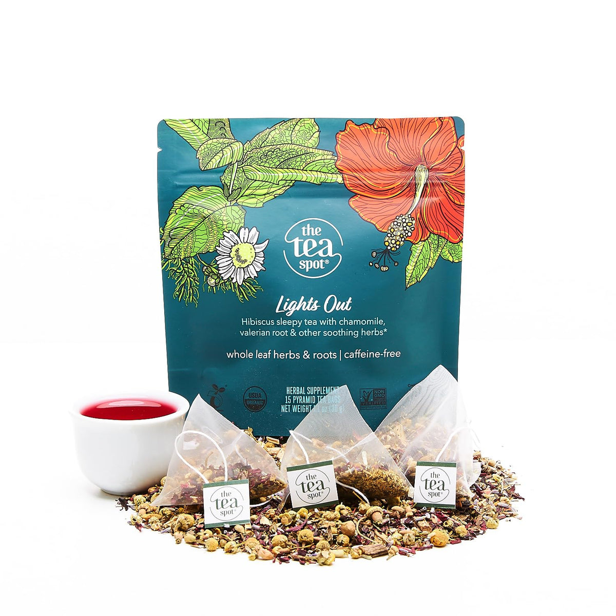 The Tea Spot Organic Lights Out Tea with Valerian Root Relaxation | Blend of Hibiscus, Peppermint, Chamomile, Lavender, Licorice Root & Valerian Root | Caffeine-Free 15 Tea Bags, Pack of 1