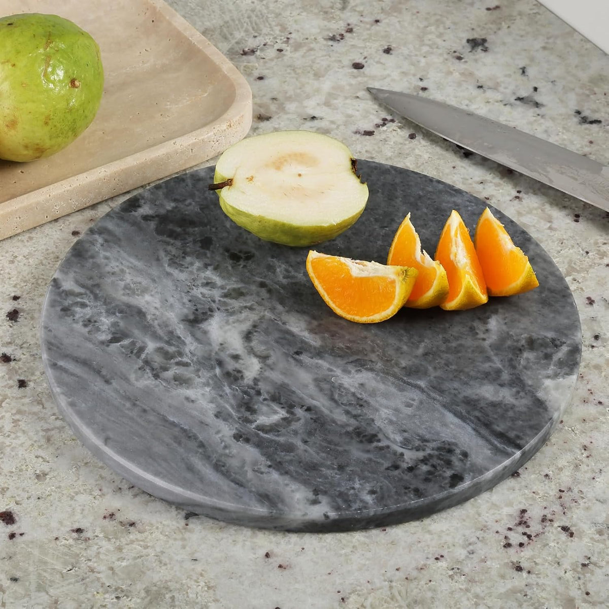 Koville African Natural Marble Cutting Board for Kitchen, 11inch Round Hand Crafted Marble Slab for Cheese, Charcuterie, Pastry Board - Wedding Gift, House Warming Gift(Rhino Grey)