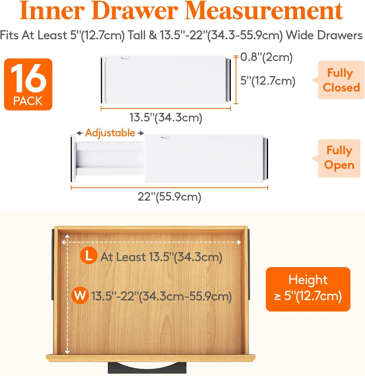 Lifewit 16 Pack Drawer Dividers 5" High, 13.5-22" Adjustable Clothes Organizers, Expandable Dresser Separators in Bedroom/Bathroom/Kitchen/Office