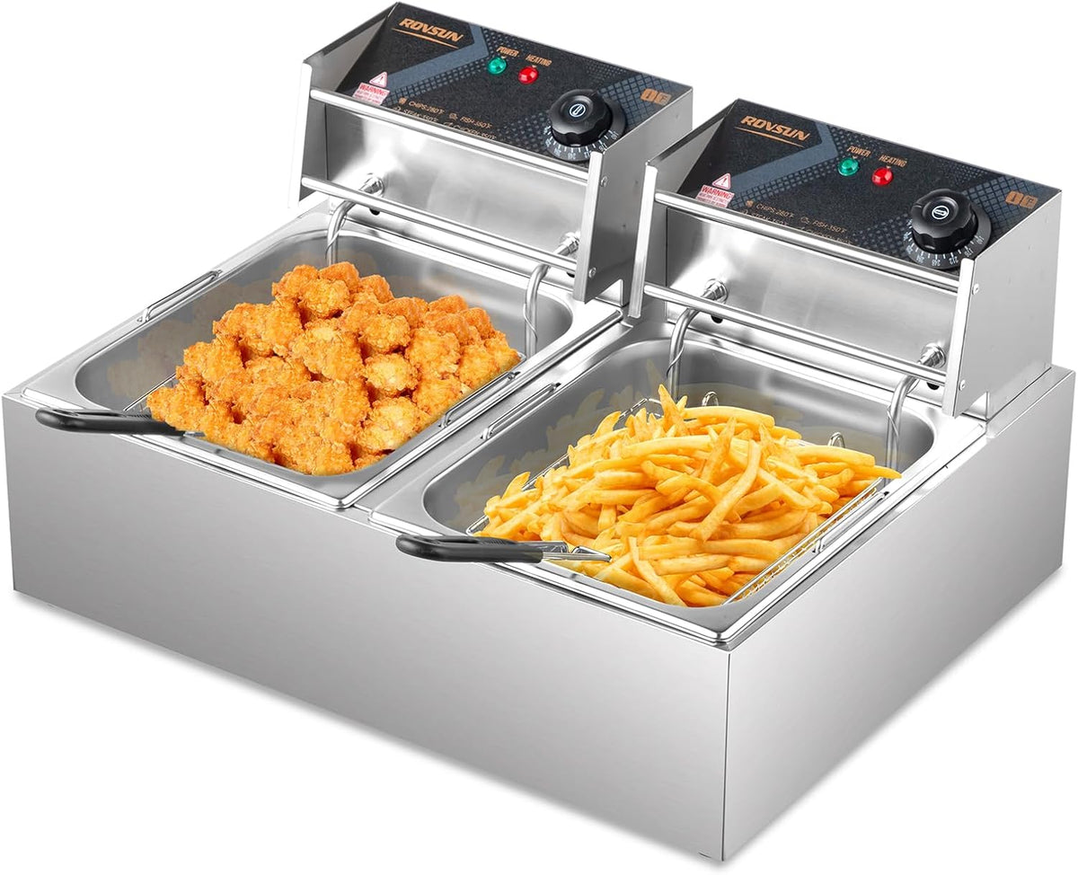 ROVSUN 22.8QT/21.6L Electric Deep Fryer, Commercial Deep Fryer with Baskets Lids Countertop, Stainless Steel Dual Tank Kitchen Fat Fryer Frying Machine for French Fries Donuts, Adjustable Temp, 3400W