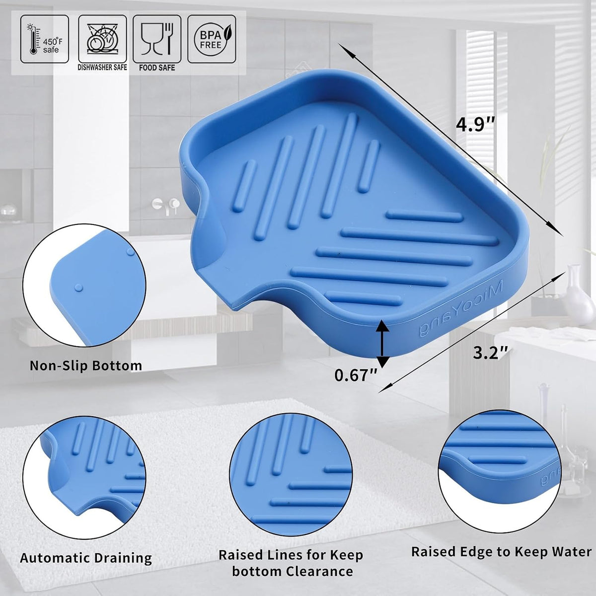 Silicone Bathroom Soap Dishes with Drain Spout-Bathroom and Kitchen Sink Organizer,Sponge Holder,Dish Soap Tray,Perfect for Dispenser,Scrubber,Bottle,Cup on Counter Lichen Blue 4.9"×3.2"
