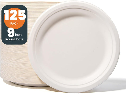 100% Compostable 9 inch Paper Plates, [125-Pack] Disposable Party Plates, (BPI Certified)-Heavy Duty, Eco-Friendly Dinner Paper Plates, Biodegradable Sugarcane Plates, white