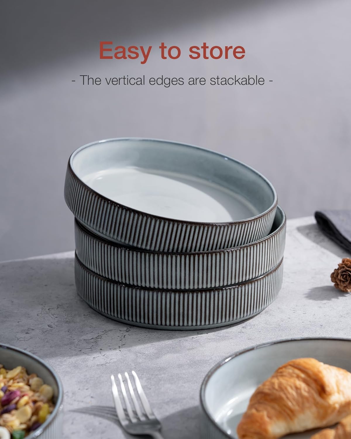 famiware Star 7.5" Pasta Bowls Set, Salad Bowl Set of 4, Double Reactive Glaze, Stackable, Ideal for Your Friend for Housewarming, Festivals, Smoky Blue