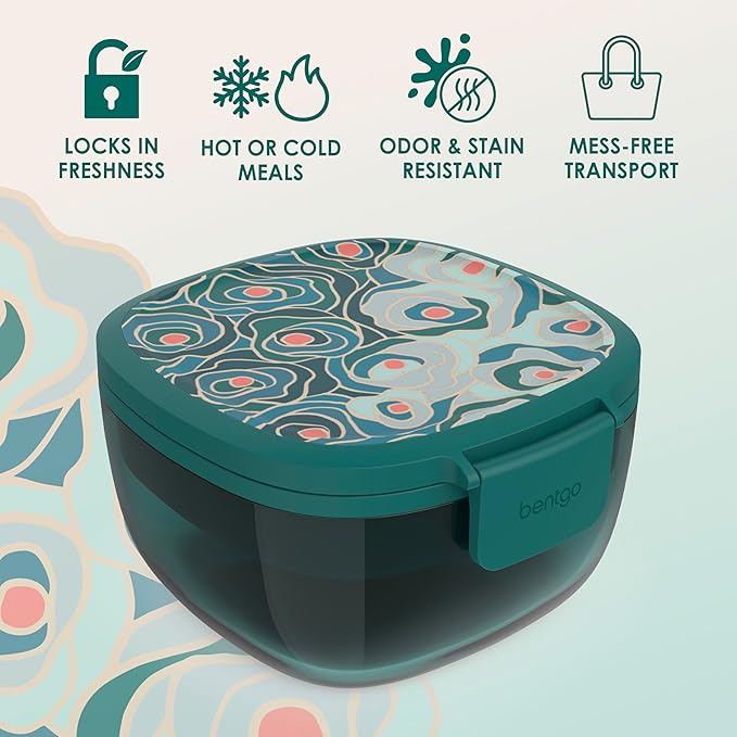 Bentgo Glass Prints All-in-One Salad Container - 61oz Tinted Glass Salad Bowl with Lid, Bento-Style Tray, Sauce Container, & Reusable Fork - Dishwasher & Microwave Safe (Floral Maximalist - Sea)