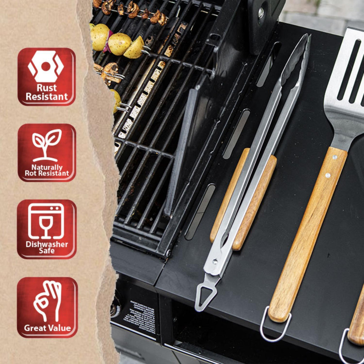 BBQ-AID Pro BBQ Tongs for Grill - 17" Professional Grade Barbecue Tongs for Cooking- Solid & Sturdy - Built with 304 Grade Stainless Steel and Acacia Wood - Heavy Duty Built to Last Kitchen essential.