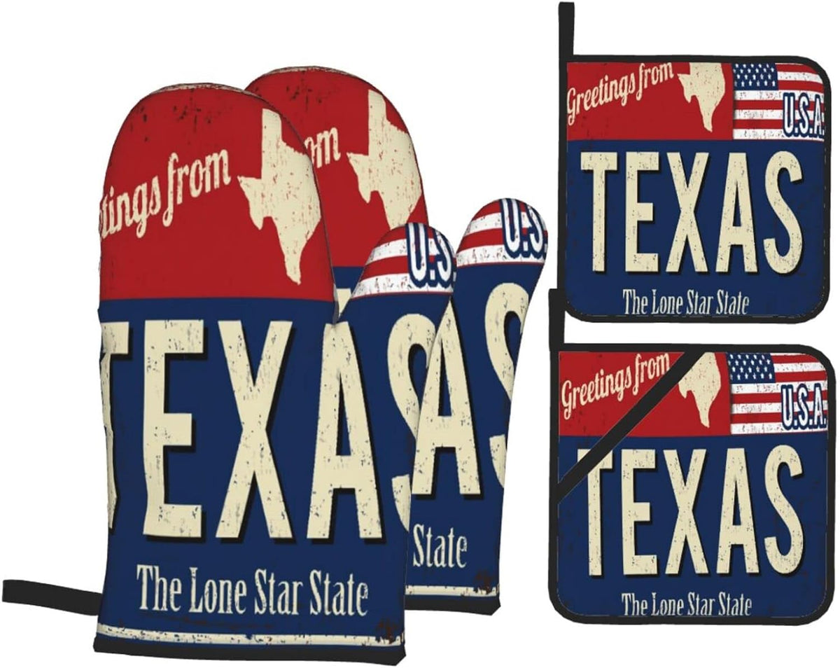 Oven Mitts and Pot Holders Sets of 4,Texas Lone Star State Retro US,Oven Mitts Heat Resistant Oven Gloves Set Potholders for Kitchen Baking Grilling