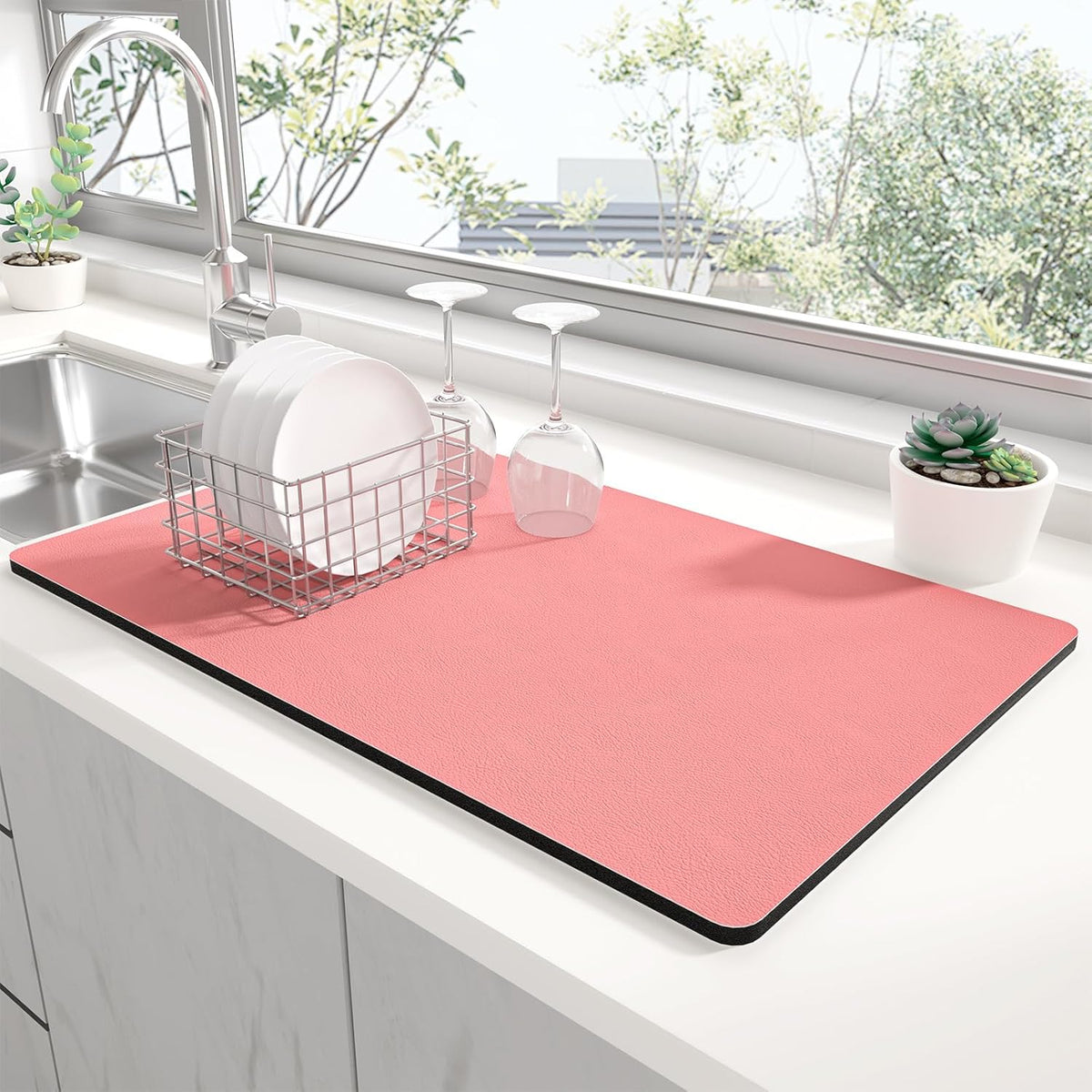 Rnivvi Dish Drying Mat for Kitchen Counter, 12 x 19" Super Absorbent Drainer Pad Easy Clean Dish Rack Pad, Non-Slip Heat Resistant Coffee Bar Mats for Coffee Machine Station Accessories, Rose Pink