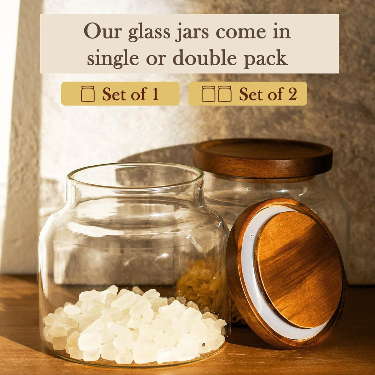 Labina Glass Storage Container Airtight Food Jars Kitchen Canister with Wood Lids, 47 Oz Wide Mouth Pantry Organization Glass Jar for Flour, Sugar, Cookie, Spagetti, Nuts and Candy (2 Pack)