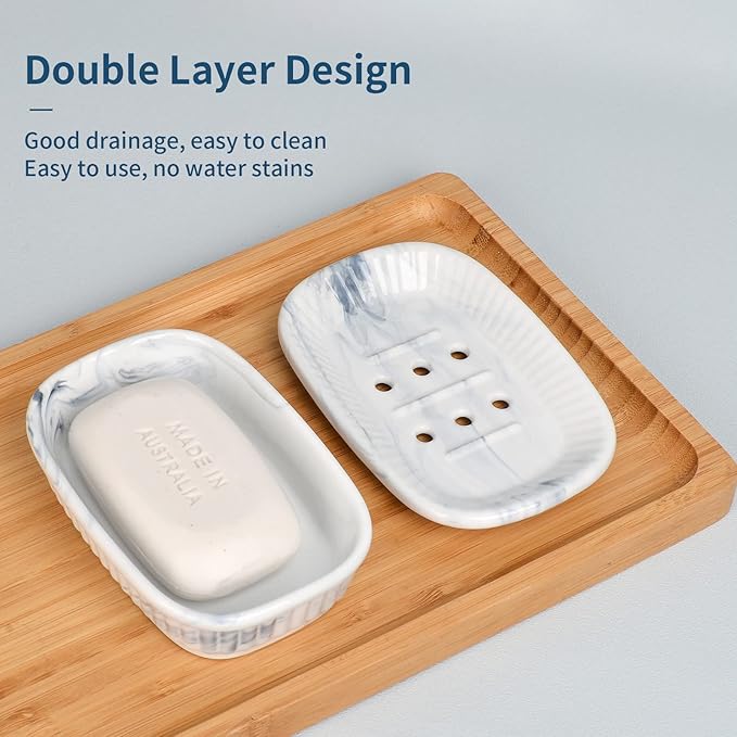 Ceramic Soap Dish, Self-draining Soap Holder, Double Layer Bar Soap Holder Marble Blue, Draining Soap Dishes for Bathroom Shower Kitchen, Easy to Clean, Keep Soap Dry, ANTIS'S HOME