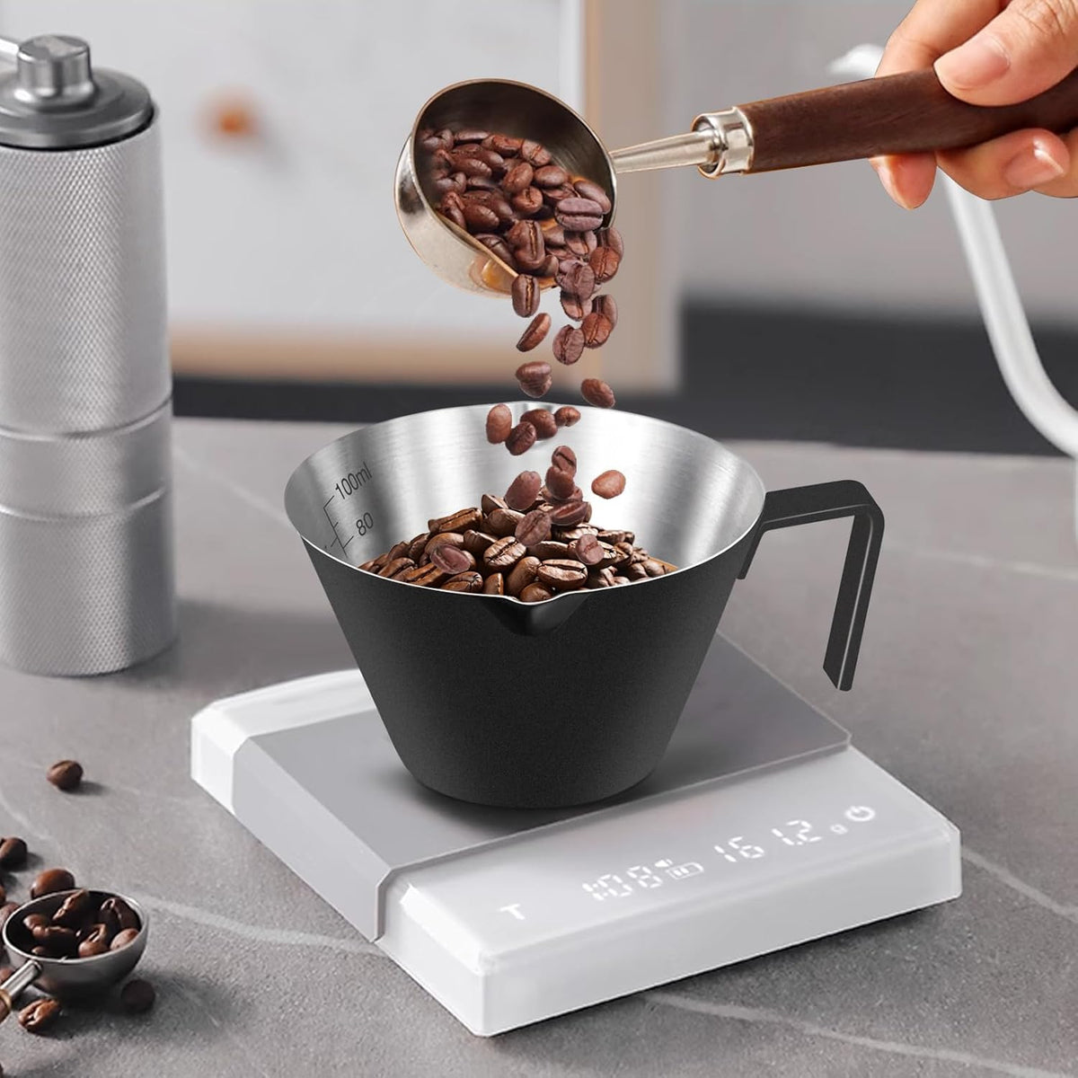2 Pcs Espresso Cups with Handle, Double Spout Metal Measuring Cup with Dual Scale, Stainless Steel Espresso Shot Cup with V-Shaped Mouth, 3.4oz/100ml(White)