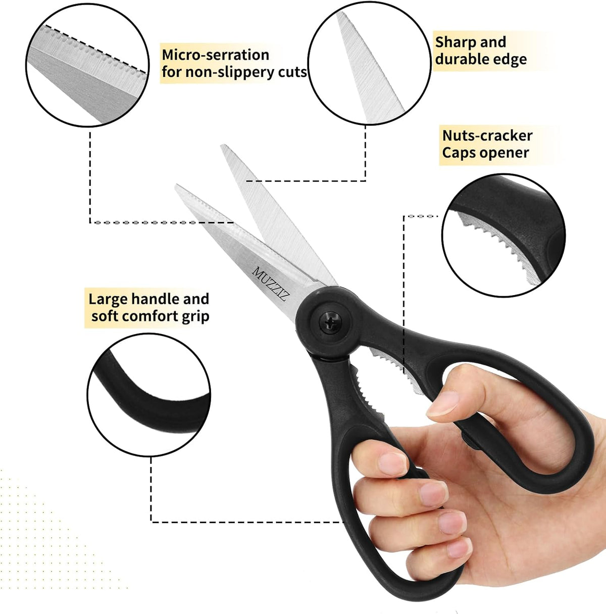 Kitchen Scissors All Purpose, Heavy Duty Stainless Steel Kitchen Shears for Food, Herbs, Meat, Fish with Soft Comfort Grip Handle - 8.7-Inch Black