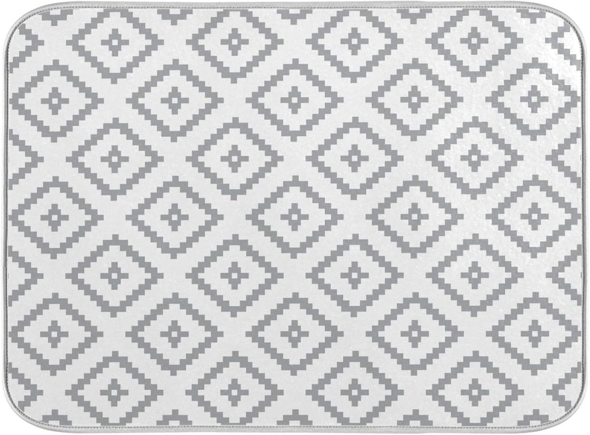 Super Absorbent Dish Drying Mat, Microfiber Fast-Drying Dish Mat, 24" x 18, Kitchen Dish Drying Pad, White Moroccan Rhombus Plaid