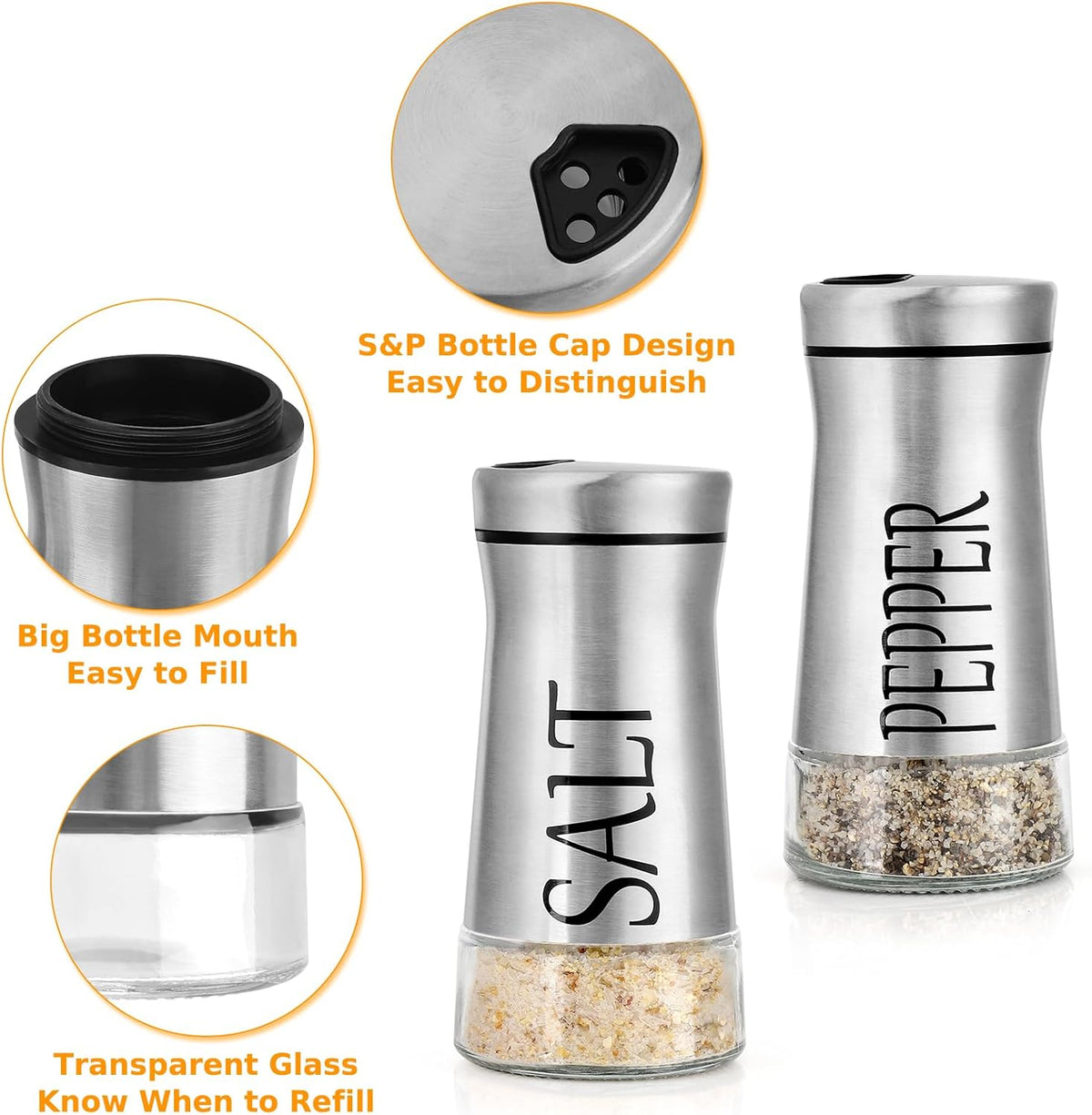 Accmor Salt and Pepper Shakers with Adjustable Pour Hole, Stainless Steel Salt Pepper Shaker Dispenser with Glass Bottom for Kitchen Cooking, RV, Camp, BBQ