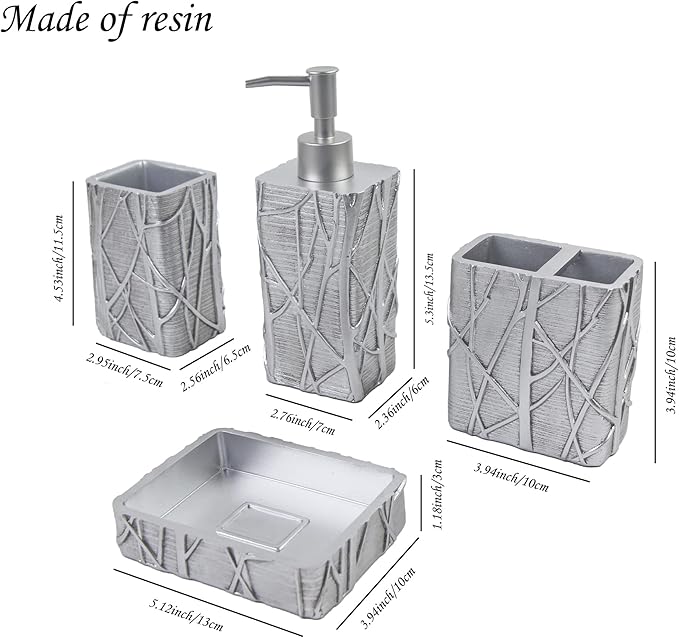 Hymmah Silver Bathroom Accessories Set,Toothbrush Holder,Farmhouse Bathroom Decor,4 Pcs Resin Gift Set Apartment Necessities, Contain Toothbrush Cup,Soap Dispenser,Soap Dish,Tumbler