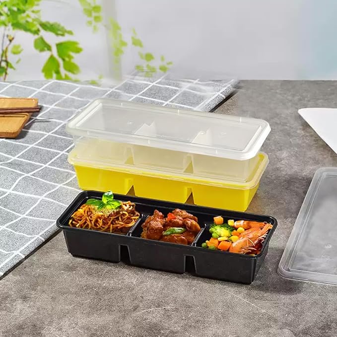 Disposable Food Storage Containers with Lids Meal Prep 3-Compartment To Go Take Out Plastic Black, Sturdy Leakproof Food Safe, Microwave Freezer Dishwasher Safe (25, 3 compartment)
