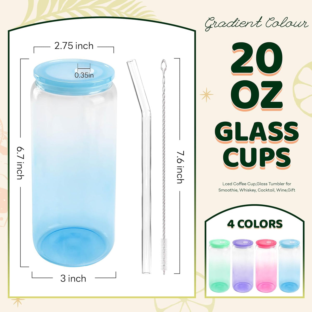 Joyclub 20oz Glass Cups with Acrylic Lids and Straws 12 Set Can Shaped Glass Iced Coffee Cups with Lids, Gradient Drinking Glasses Cute Tumbler Cup Great for Smoothie Soda Boba Tea Cocktail Beer Gift