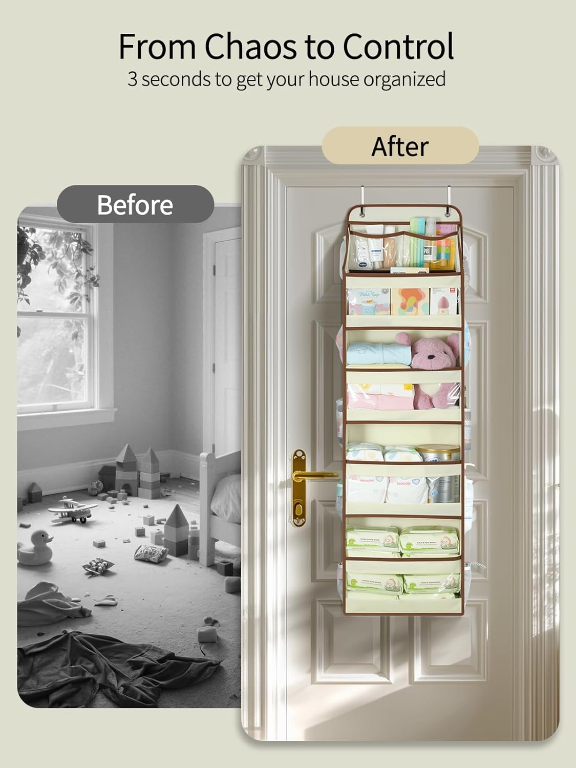 Yecaye 5 Tier 1Pc Over the Door Organizer, Swing-proof Door Organizer Hanging with Clear PVC Windows, Behind the Door Storage for Bedroom Nursery Closet Laundry Pantry Bathroom, Beige