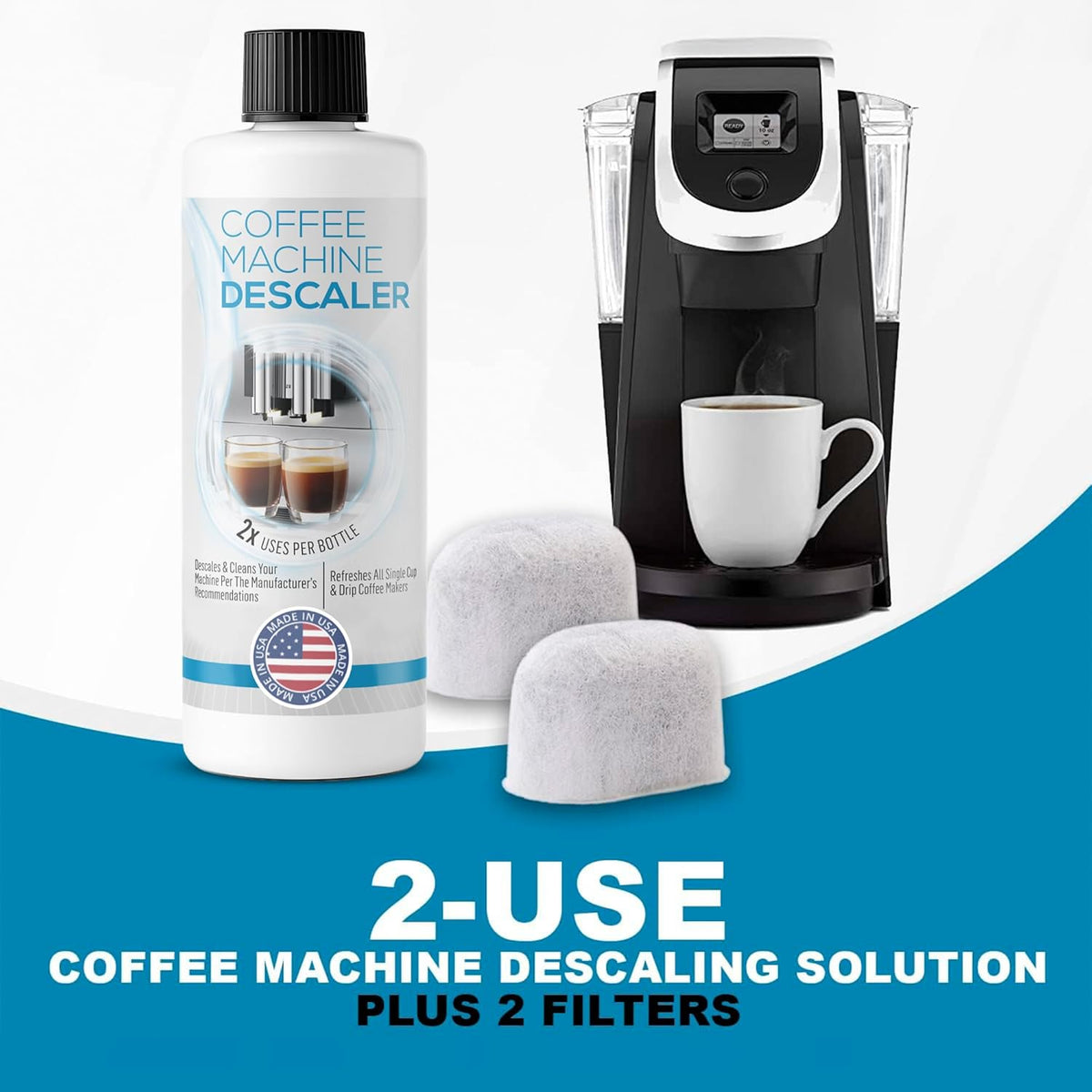 Keurig Compatible Descaling Solution (1 Bottle, 2 Uses Plus 2 Filters) - Universal Descaler Cleaner Concentrate Kit For All 1.0 & 2.0 K-Cup Pod Machines and Espresso Machines