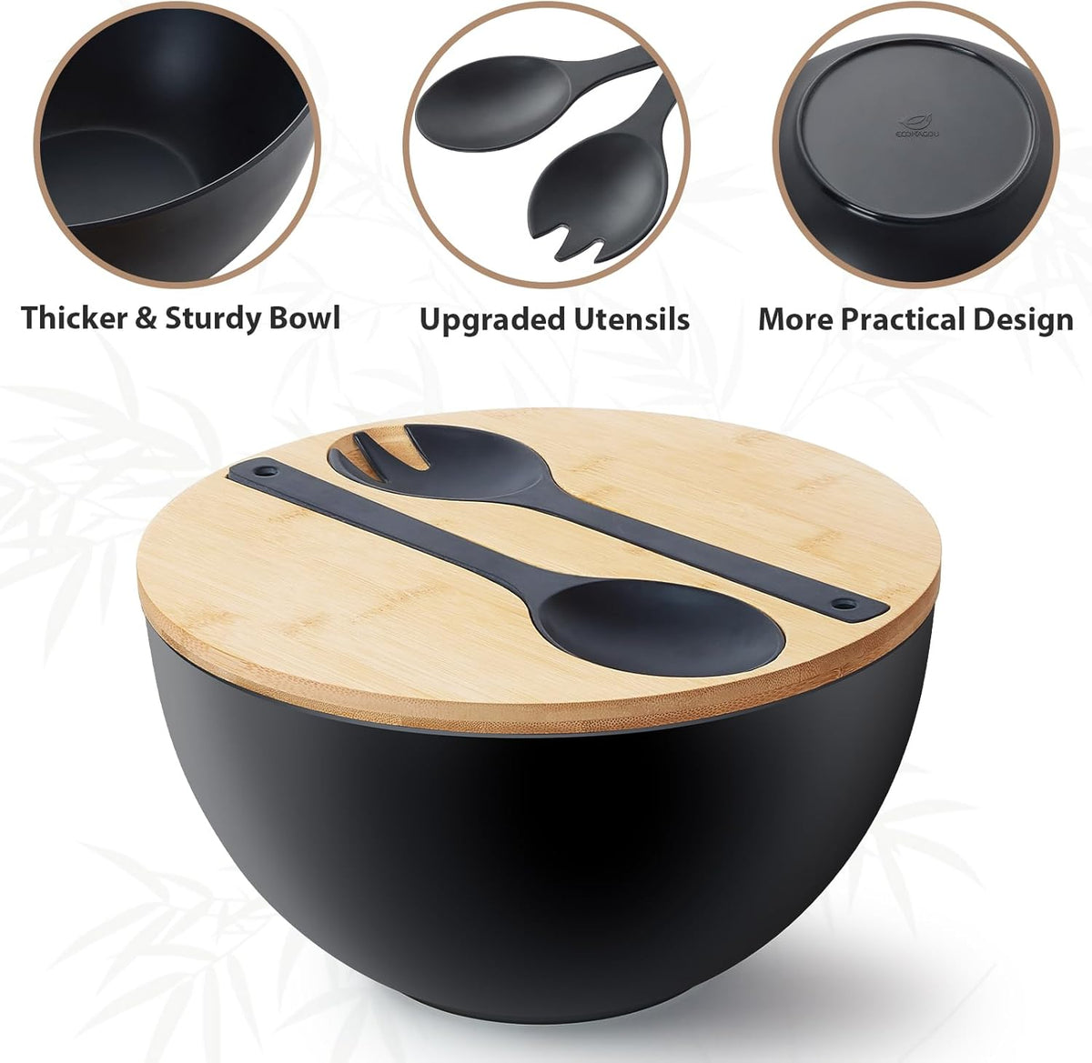 11.3" Extra Large Salad Bowl with Wooden Lid & Servers, 208Oz, Oversized Bamboo Fiber Salad Serving Set with Utensils for Home/Kitchen, Big Lightweight Bowl for Mixing Salad,Fruit,Pasta - Matte Black