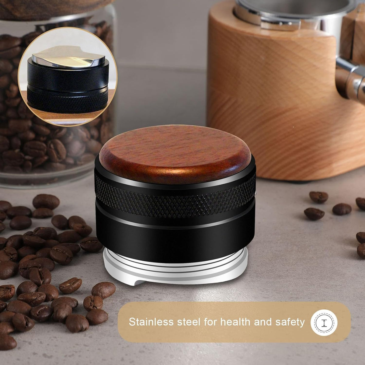 Espresso Distributor Stainless Steel Coffee Distribution Tool,Adjustable Depth Espresso Distributor Leveler with Walnut Wood,3 Angled Slopes Adjustable Palm Espresso Distributor Tool