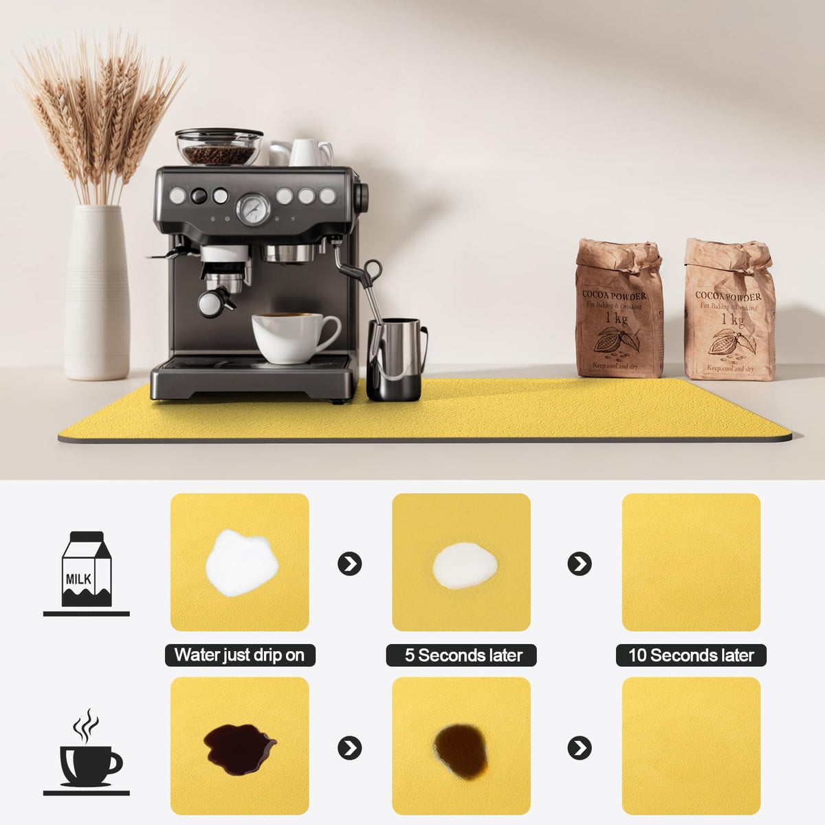 Dish Drying Mat for Kitchen Counter | Coffee Bar Mat for Countertops | Heat Resistant Drainer Mat with Non-slip Rubber Backed | Hide Stain Kitchen Absorbent Draining Mat | Yellow 16"x20"