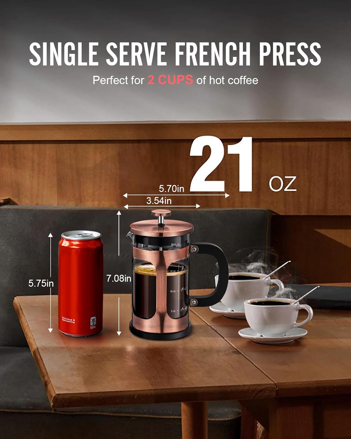 BAYKA 21 Ounce 0.6 Liter French Press Coffee Tea Maker Small, Heat Resistant Thickened Borosilicate Glass Stainless Steel Single Serve Brewer, Cold Brew Percolators, Cafetera Teapot, Copper