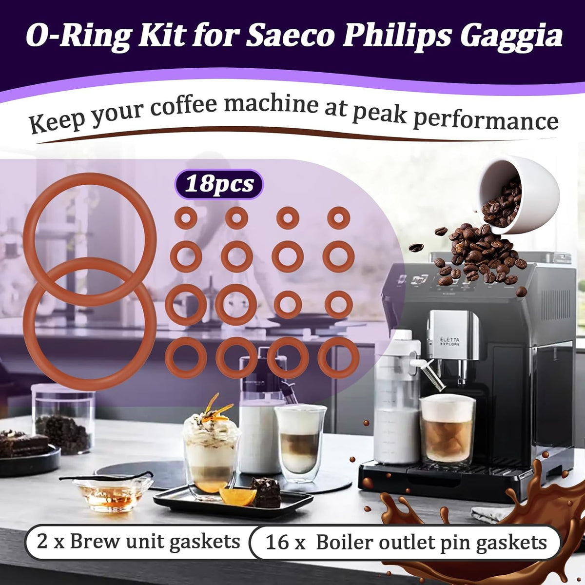 18 PCS Seal O-Ring Kit Gasket Seal Set Fit for Saeco Philips Gaggia, Professional Coffee Machine O'Rings for Boiler Outlet Pin and Brew Unit, Food Grade Silicone Ring for Saeco Daily Replacement
