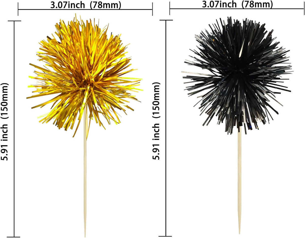 Ephlyn 30Pcs Foil Firework Cupcake Toppers Sparkle Tinsel Cupcake Picks Happy Birthday Cake Decorations Drink Stirrers Cocktail Food Toothpicks for Baby Shower Graduation Party Supplies Black Gold