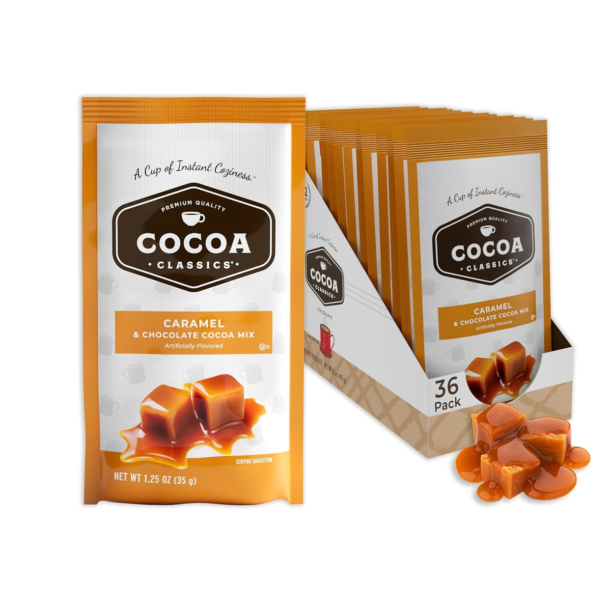 Cocoa Classics Caramel Cocoa Mix Hot Chocolate Made with Nonfat Milk Just Add Hot Water Make Hot or Iced Cocoa Gluten Free & Kosher Dairy Friendly 1.25oz Packets (Pack of 36)