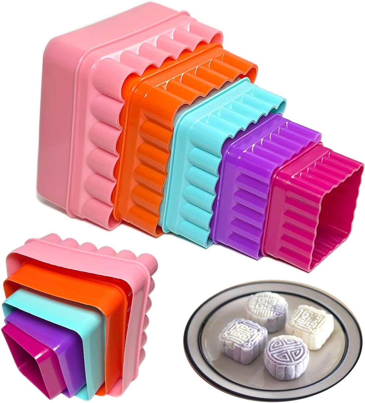 Cookie Biscuit Cutter Set, Two Side Cookie Cutters Plastic Set Multi-size Cake Fruit Vegetable Shapes Cutter Random color (Square Shaped, 5 Pack)
