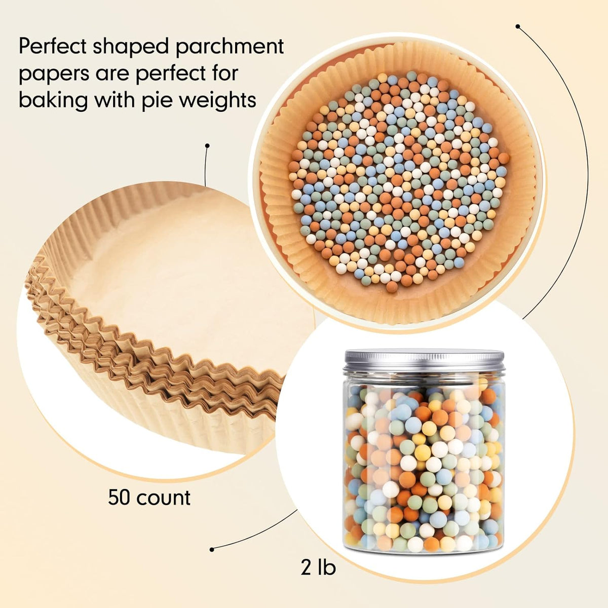 1 Pack Multi Color 2 lb Pie Weights for Baking Crust Ceramic Weights Blind Baking Beads with 50 Pcs Disposable Parchment Paper Pie Liner Fit 8,9,10 Inch Dish