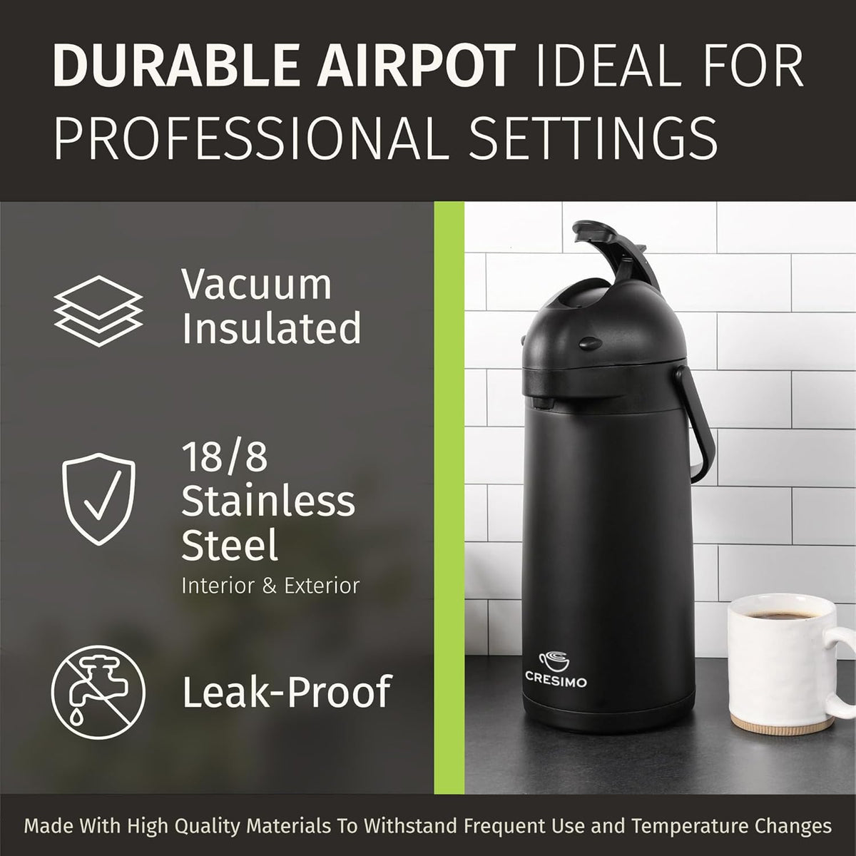 Airpot Coffee Dispenser With Pump, Black - 12 Hours Hot Water Dispenser with Pump, 36 Hours Cold - Coffee Thermal Carafe for Hot Drinks, Tea Flask for Beverages -Large Carafe w/ One-Handed Dispensing
