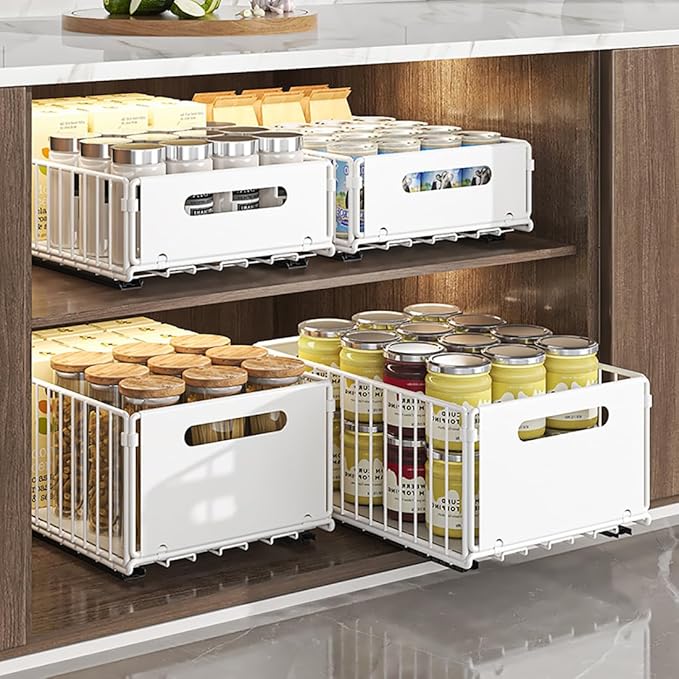Pull Out Cabinet Organizer Slide Out Drawer Storage Shelves Cupboard Organiser Sliding Cabinet Basket for Kitchen No Drilling and Nailing (White, 4Piece 9.8"W X15"D X 7.5"H)