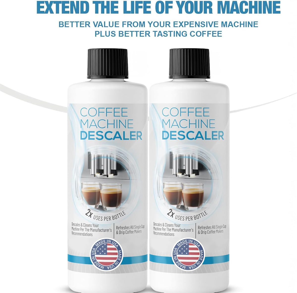 Descaling Solution for Coffee & Espresso Machines - 2 Bottle Pack (4 Uses) - Universally Compatible Descaler Cleaner for Keurig, Breville, Nespresso, Delonghi & All Single Use or Drip Machines