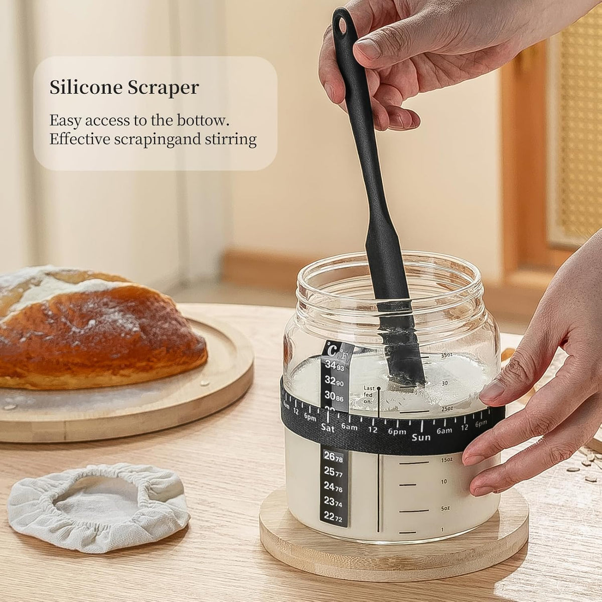 Sourdough Starter Jar 2Pack，Wood Sealed Lid with Automatic Exhaust,35OZ with Ounce Scale Line,Date Marked Feeding Band, Thermometer, Sourdough Jar Scraper,Wide Mouth for Sourdough Bread Baking