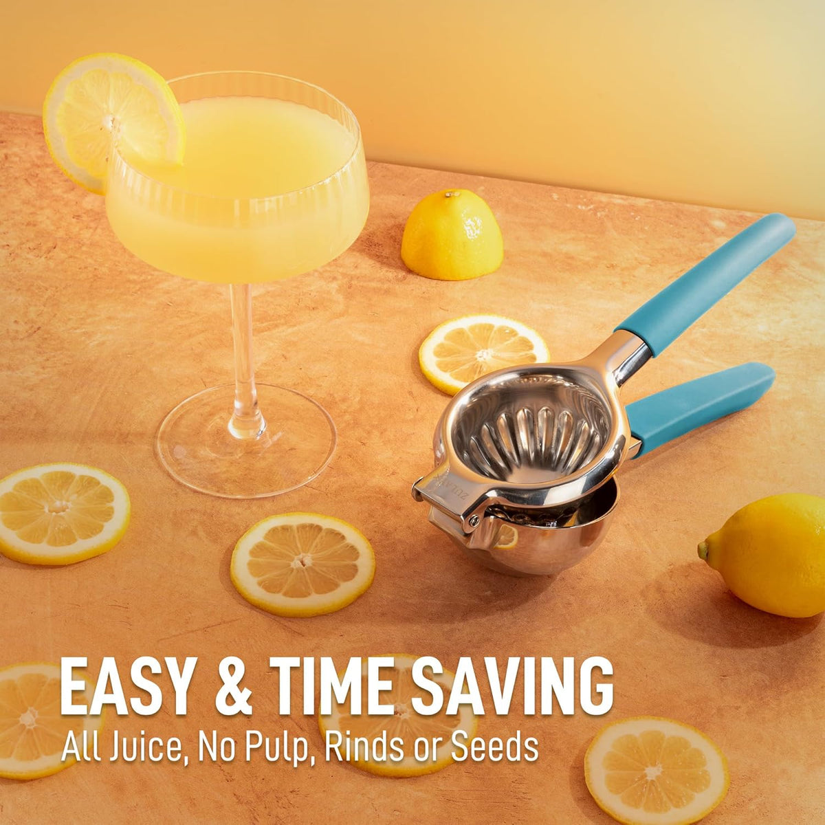 Zulay Lemon Squeezer Stainless Steel with Premium Heavy Duty Solid Metal Squeezer Bowl and Food Grade Silicone Handles - Large Manual Citrus Press Juicer and Lime Squeezer Stainless Steel (Blue)