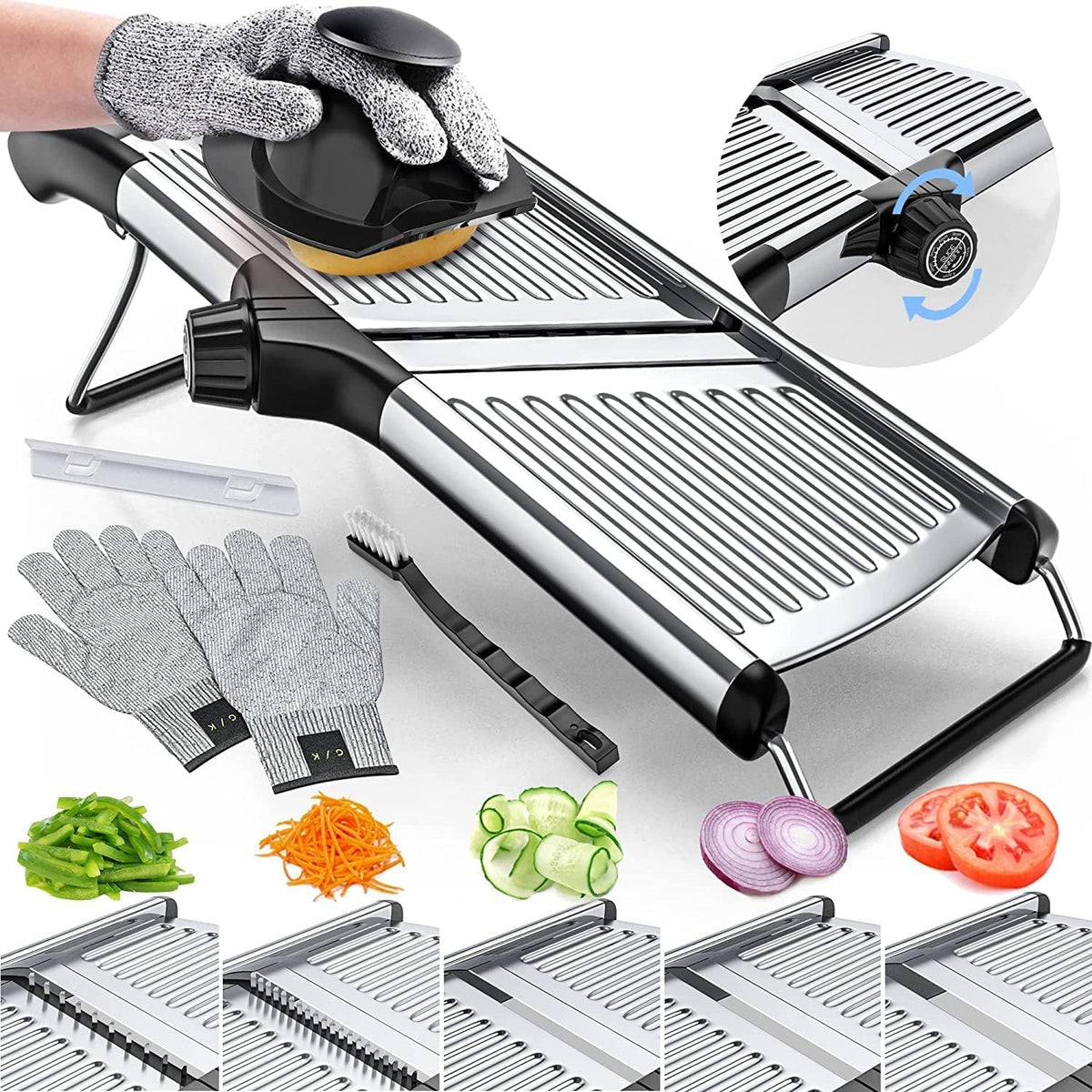 Gramercy Adjustable Mandoline Food Slicer, Mandoline Slicer for Kitchen, Mandolin, Potato, Tomato, Carrot, Vegetable, Fruit and Onion Cutter - Stainless Steel - INCLUDING 1 Pair Cut-Resistant Gloves