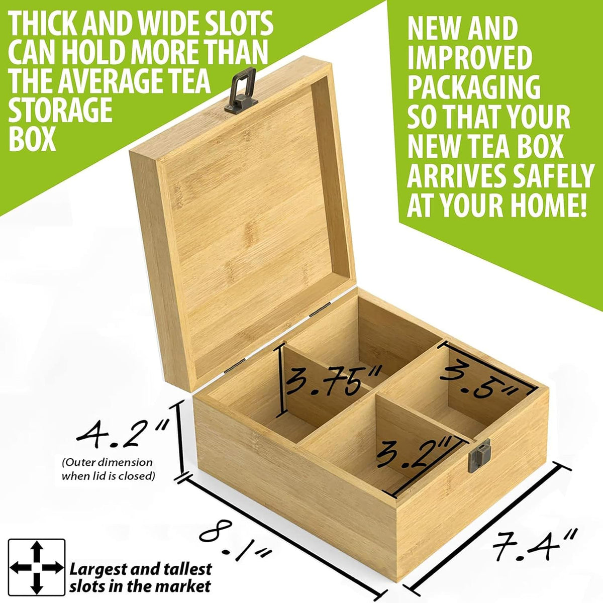 Bamboo Tea Organizer Box Chemical Free Eco-Friendly Big, Tall, Adjustable Cubbies Natural Wooden Storage Chest (4-Slot Square 7.4" x 8.1" x 4.2" Tea Time)