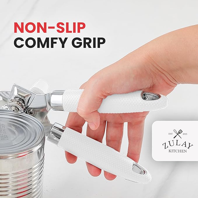 Zulay Kitchen Heavy Duty Stainless Steel Can Opener Manual with Large Bottle Opener - Manual Can Opener with Turn Knob with Soft Grip Handles - White