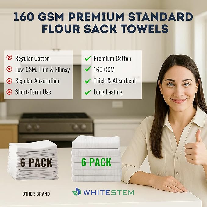 Flour Sack Towels | Tea Towel for Crafts| Kitchen | Dish | Cotton Blank Towel for Embroidery| Baking Bread Proofing Linen Cover| Thick Absorbent Quick Dry | 6 Pack 18"x28" Natural