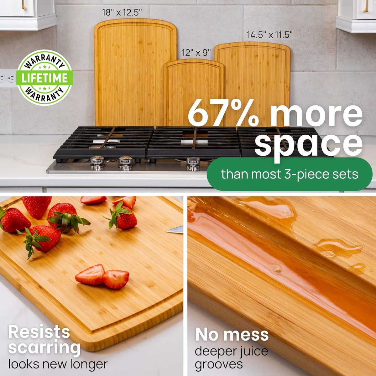 FSC® Certified Extra Large Bamboo Cutting Boards for Kitchen, Organic Wooden Cutting Board Set with 67% Larger Surface, Non-Toxic, Lifetime Replacements