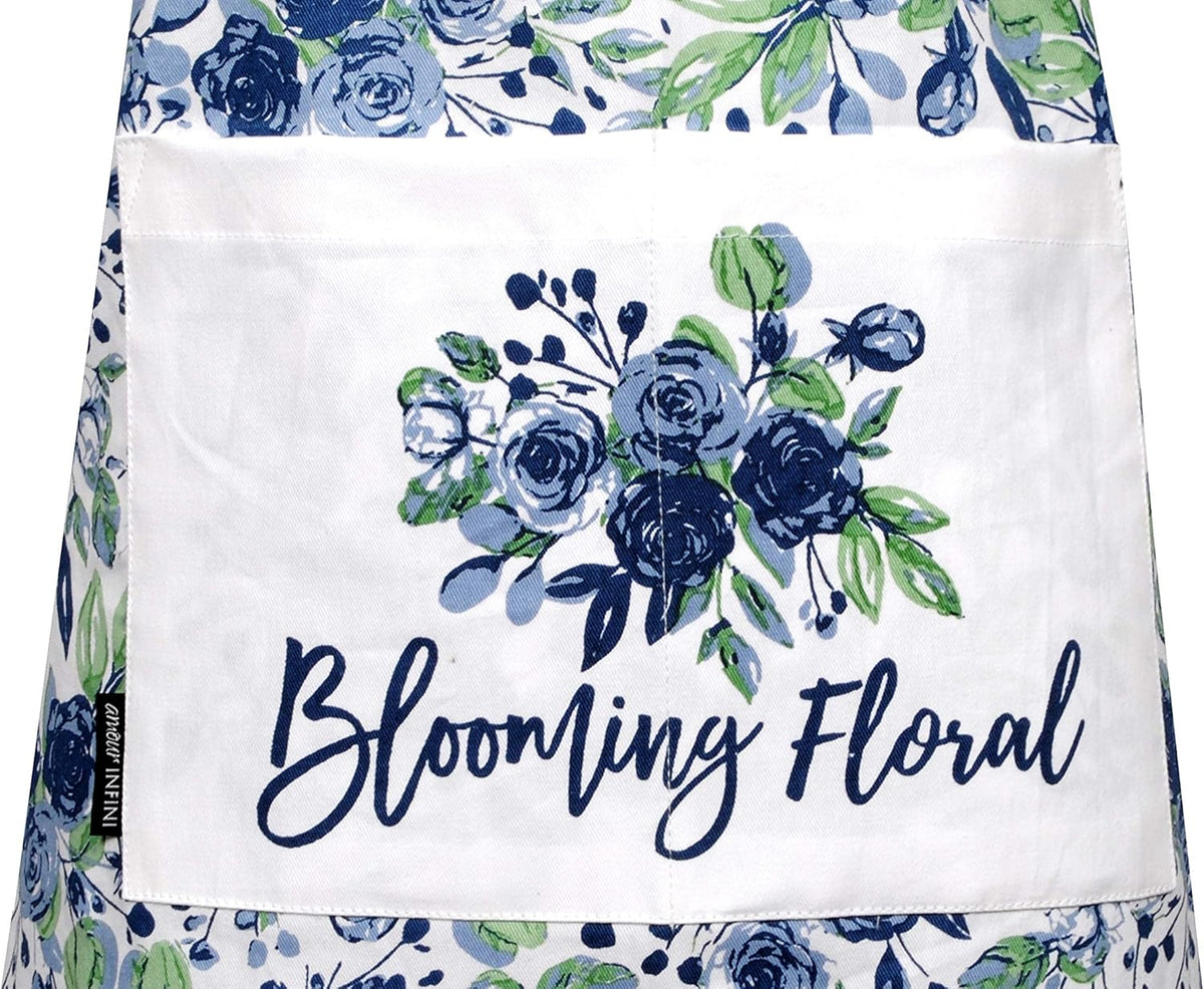 AMOUR INFINI Cotton Aprons for Women with Pocket, Adjustable Strap & Waist Ties - Washable Aprons for Baking, Cooking, Gardening (27.5 x 33 Inches - Blooming Floral)