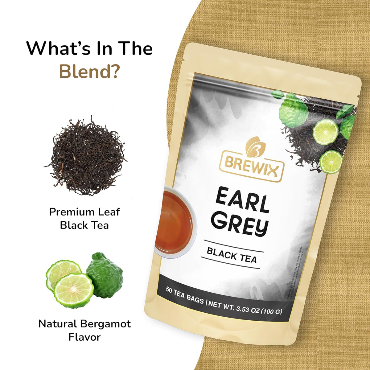 BREWIX, Earl Grey Black Tea Bags (50 Pyramid Bags) Bold & Aromatic Tea with Bergamot | Gluten Free, Energizing & Caffeinated | Sugar-Free, High Caffeine | Gourmet Tea