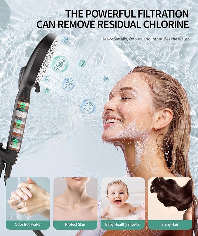Filtered Shower Head with Handheld, High Pressure 9 Spray Mode ORB Showerhead with Filters, detachable shower head,Water Softener Filters Beads for Hard Water - Remove Chlorine