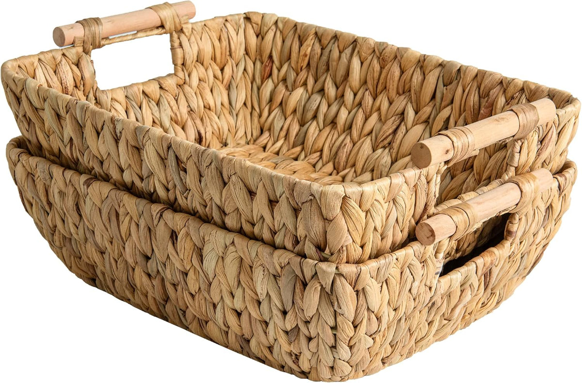 StorageWorks Hand-Woven Jumbo Storage Baskets with Wooden Handles, Water Hyacinth Wicker Baskets for Organizing, 2 Pack