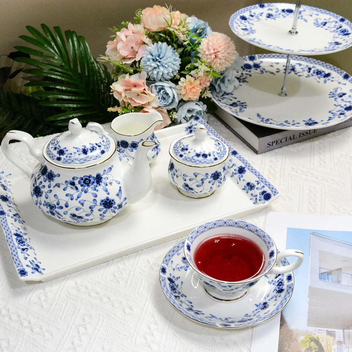 Bone China Tea Set with 2-Tier Afternoon Tea Stand and Serving Trays
